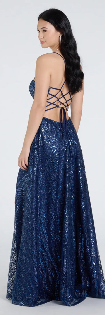 Step into the Prom 2025 dance in the Drea Glitter Sequin Lace-Up A-line Formal Dress in navy, a stunning blue prom dress designed to complement any theme with its timeless allure and statement-making style.