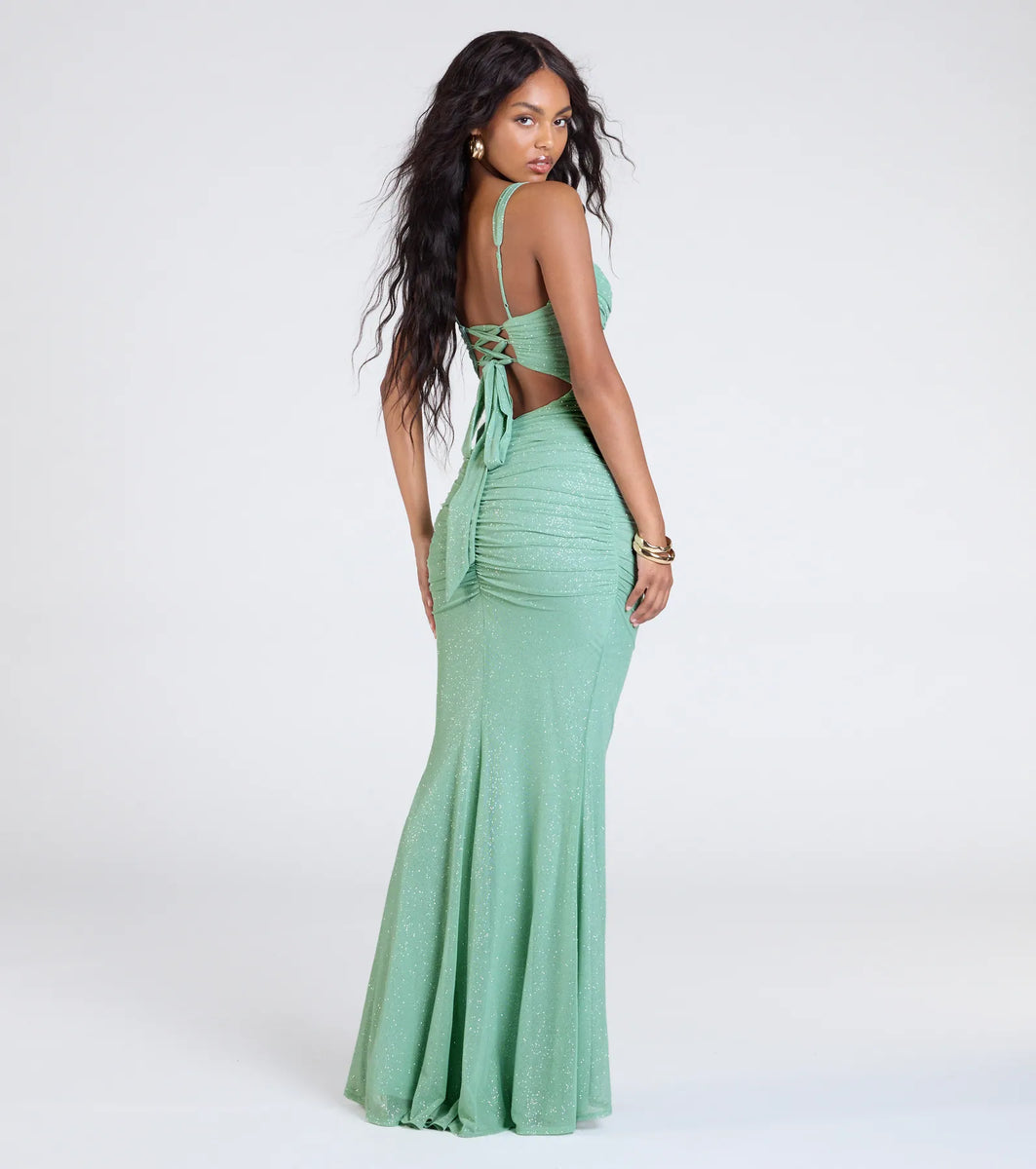 Jenna Lace-Up Ruched Mermaid Glitter Formal Dress | Windsor