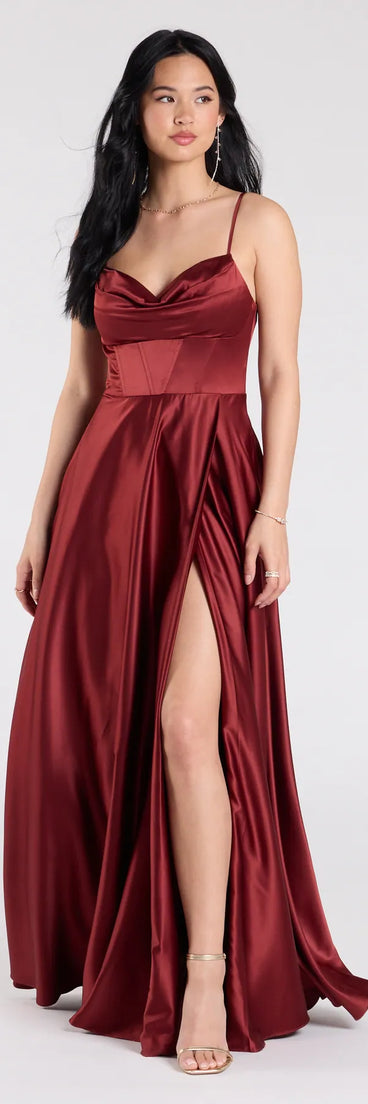 Own the spotlight in the Marcella A-Line Slit Satin Formal Dress, a rust formal dress crafted to deliver luxe style for autumn weddings, Military Balls, or any special event.