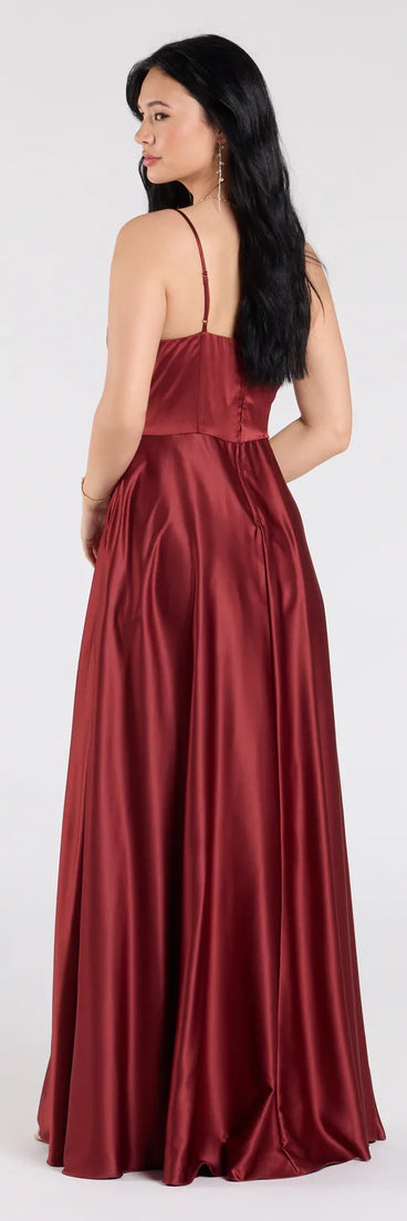 Turn heads at Prom 2025 in this rust prom dress, where statement-making details meet the iconic style of the Marcella A-Line Slit Satin Formal Dress.