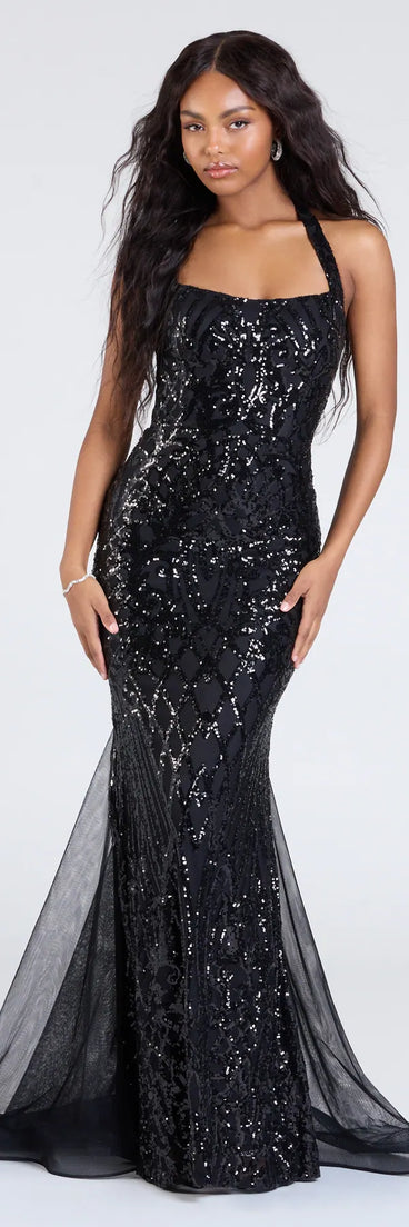 The Esmeralda Halter Mermaid Sequin Formal Dress is a show-stopping black prom dress, offering a sleek, slimming silhouette that enhances your natural beauty for an unforgettable night.