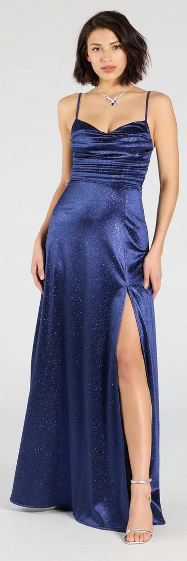 Own the spotlight in the Ashtyn Glitter Satin High Slit A-Line Formal Dress, a navy blue formal dress crafted to deliver luxe style for autumn weddings, Military Balls, or any special event.