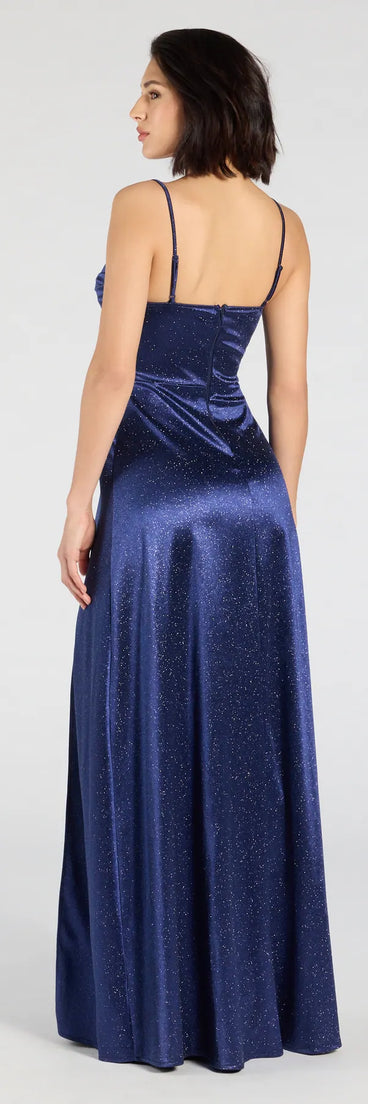 Step into the Prom 2025 dance in the Ashtyn Glitter Satin High Slit A-Line Formal Dress in navy, a stunning blue prom dress designed to complement any theme with its timeless allure and statement-making style.