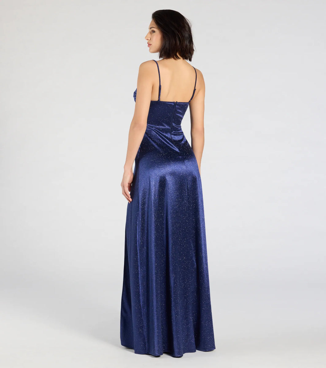 sachin and babi light blue dress Pleated Prom Dresses Spaghetti Strap Sexy High Slit Shiny Evening Gown –  Msikoods Official Store