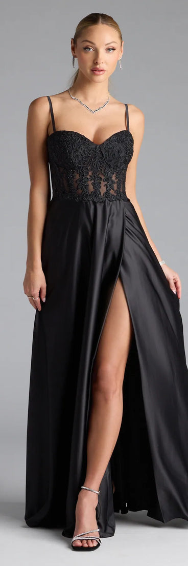 Own the spotlight in the Antonina Sweetheart Corset A-Line Satin Formal Dress, a black formal dress crafted to deliver luxe style for autumn weddings, Military Balls, or any special event.