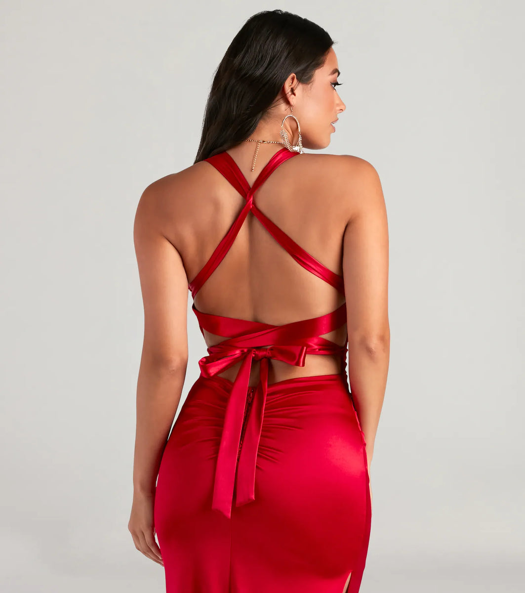 Jamie Lace-Up Satin Formal Column Dress in Red | Size: L | Knit Fabric/Satin Fabric