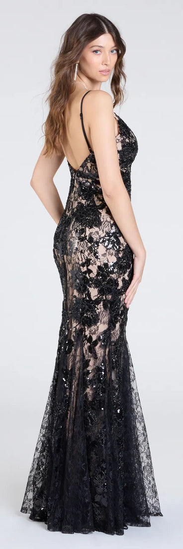 Turn heads at Prom 2025 in this black prom dress, where statement-making details meet the iconic style of the Naima V-Neck Mermaid Lace Sequin Formal Dress.