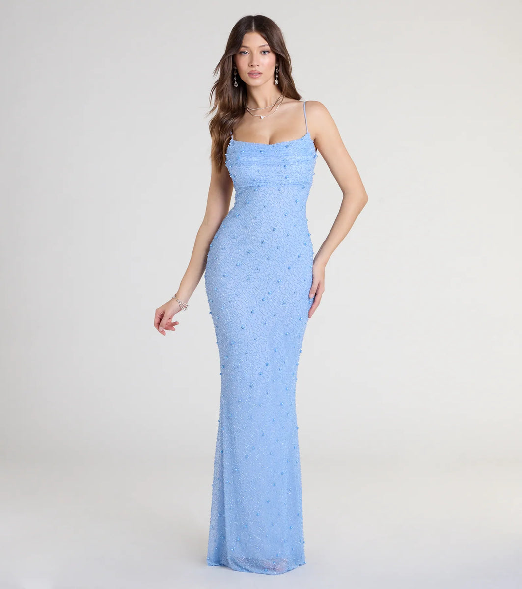 princess polly baby blue dress Kerry Open Back Bodycon Pearl Bead Formal Dress