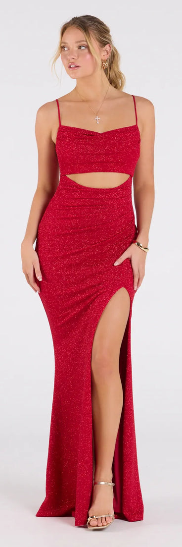 Feel instantly put-together in the Harlow Cutout Slit Glitter Formal Dress in red, a stylish wedding guest dress designed for confident style and all-out celebration.