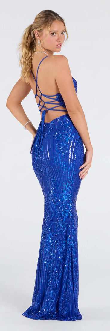 Step into the Prom 2025 dance in the Helen Lace-Up Mermaid Sequin Formal Dress in royal, a stunning blue prom dress designed to complement any theme with its timeless allure and statement-making style.