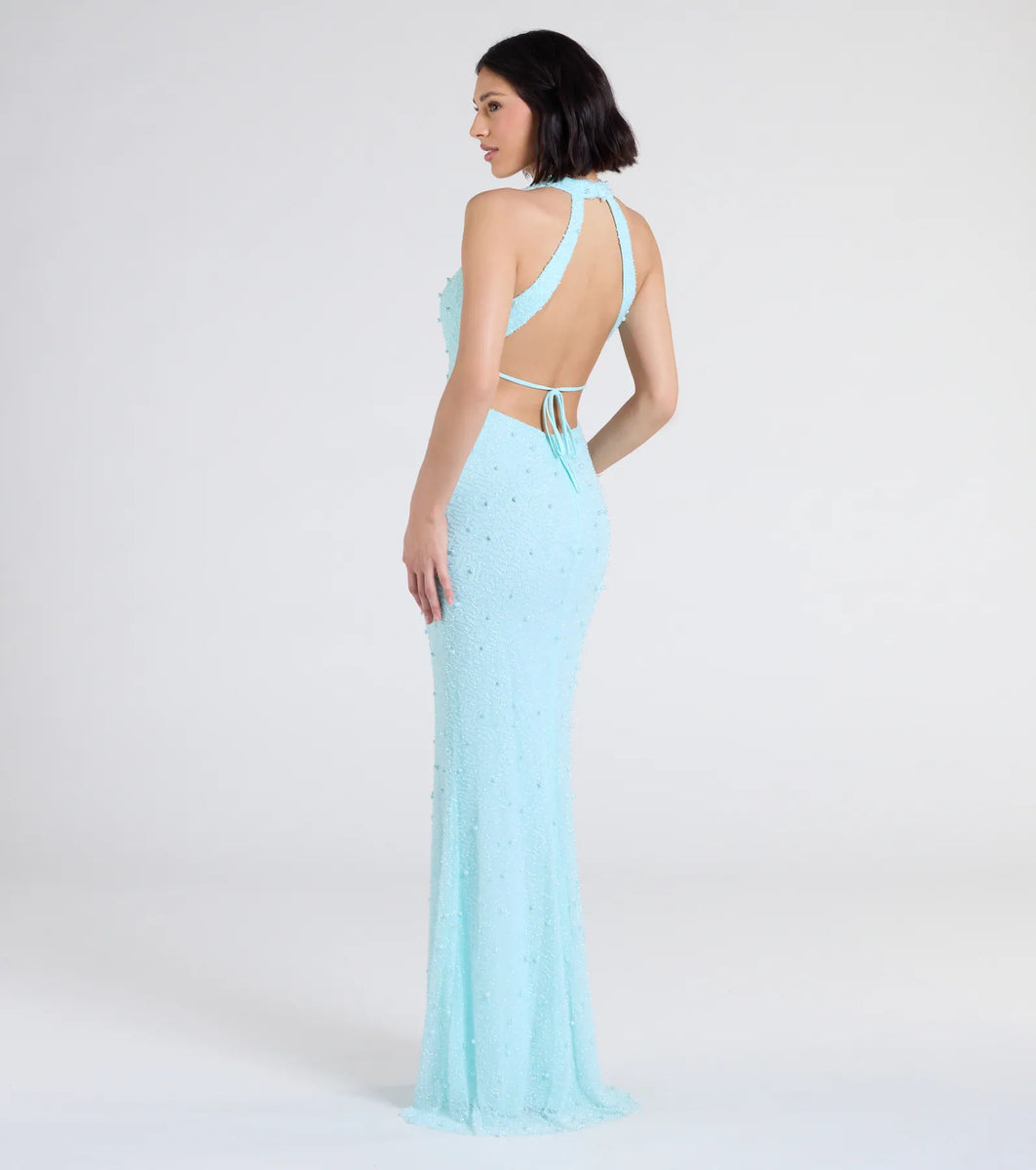 Tyra Halter Open Back Pearl Mermaid Formal Dress | Windsor