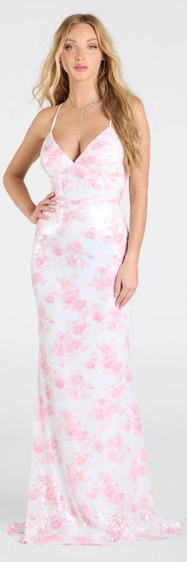 Make a bold statement in the Farryn Lace-Up Mermaid Floral Sequin Formal Dress in pink, the perfect fall dress for weddings, cocktail hours, nights out, and/or seasonal celebrations.