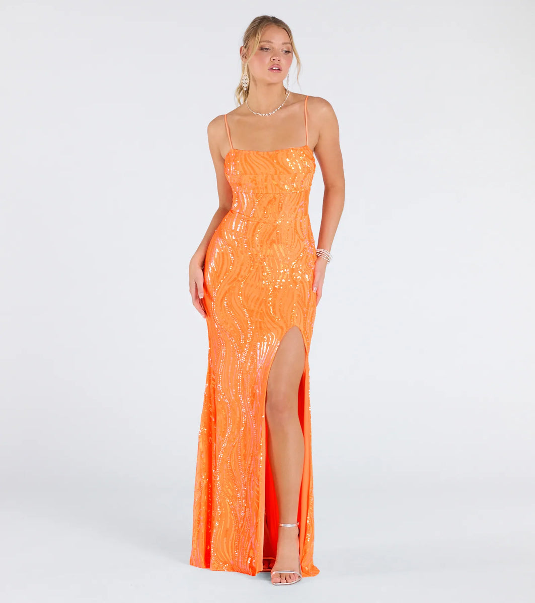 Ashleigh Lace-Up Corset Sequin Formal Dress in Neon Orange | Size: S | Mesh Fabric | Windsor