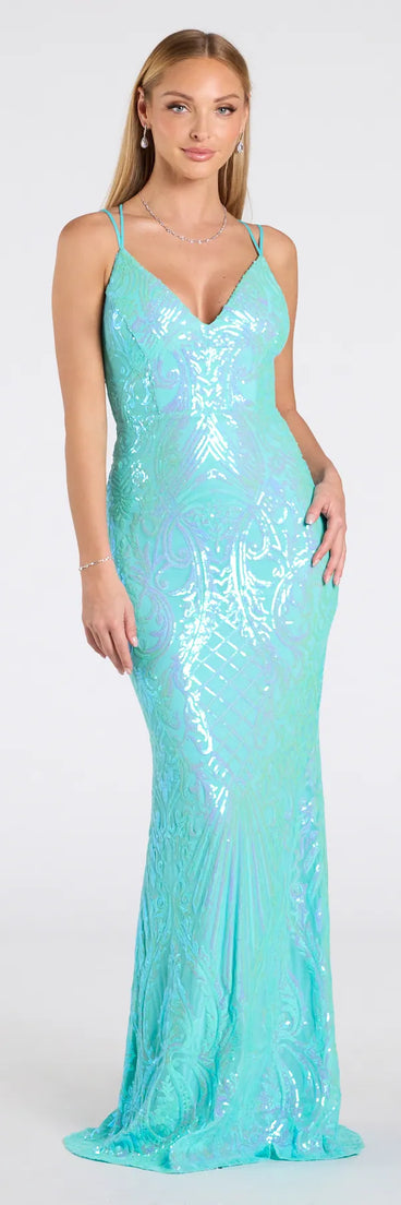Feel ready for every dance floor moment or feed-worthy reel in the Liana Formal Sequin Scroll Mermaid Dress, a mint green homecoming dress designed to own your moment.