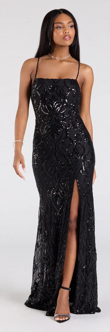 Keep it classic with the Jillian Sequin Slit Long Formal Dress, a feed-worthy pick from Windsor's black homecoming dress collection made to stop their scroll from pictures to the dance floor.