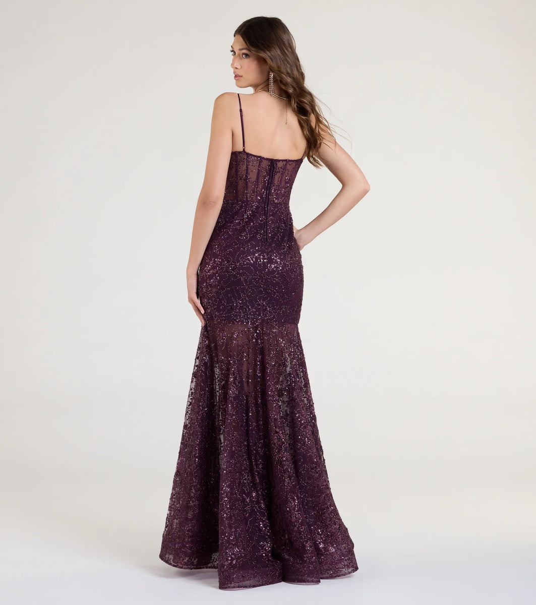 Halter Corset Leaf Lace Tulle Mermaid Maxi Dress With Beading Slit