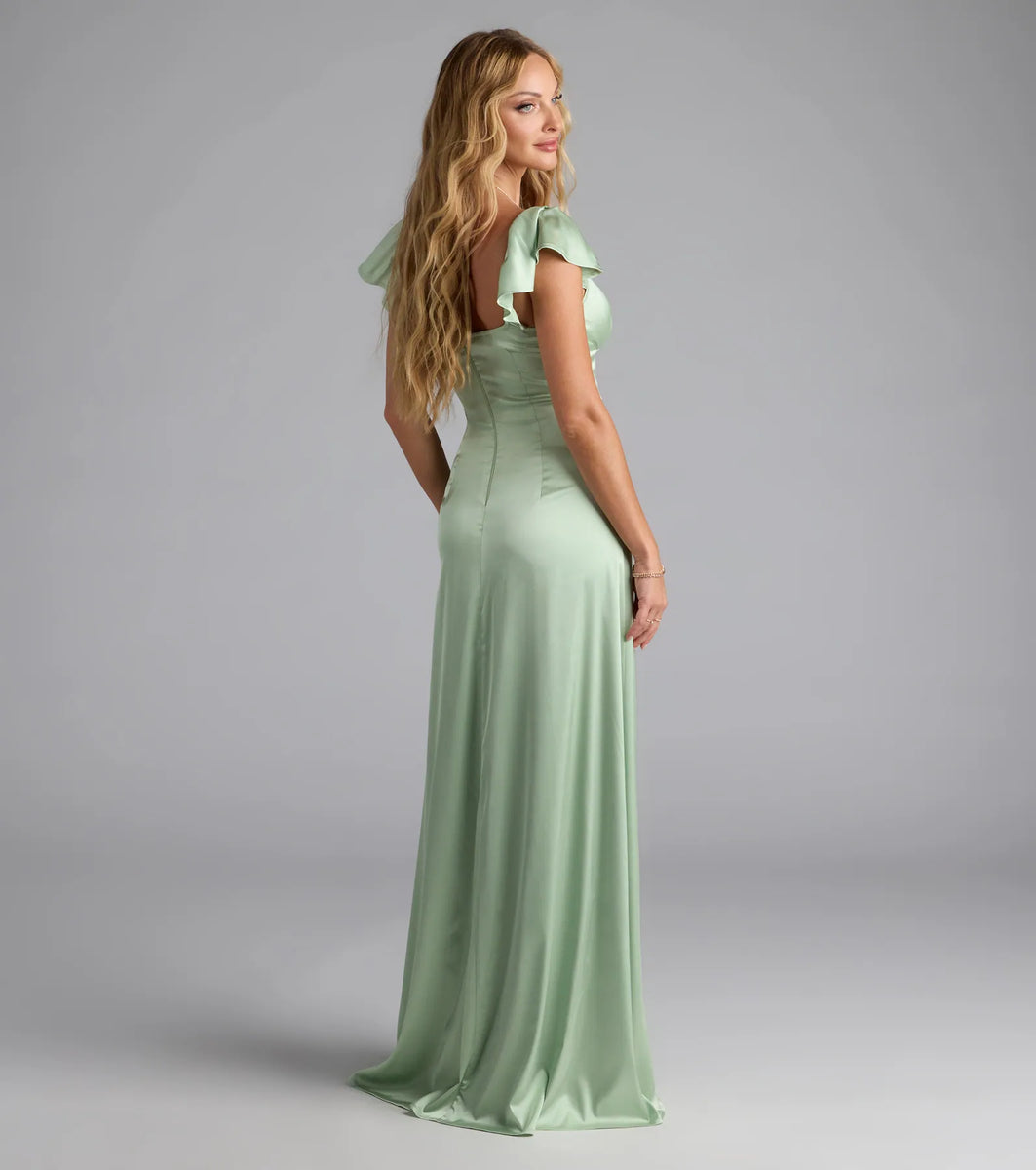 windsor sage green dress Olessa Short Sleeve A-Line Slit Satin Formal Dress
