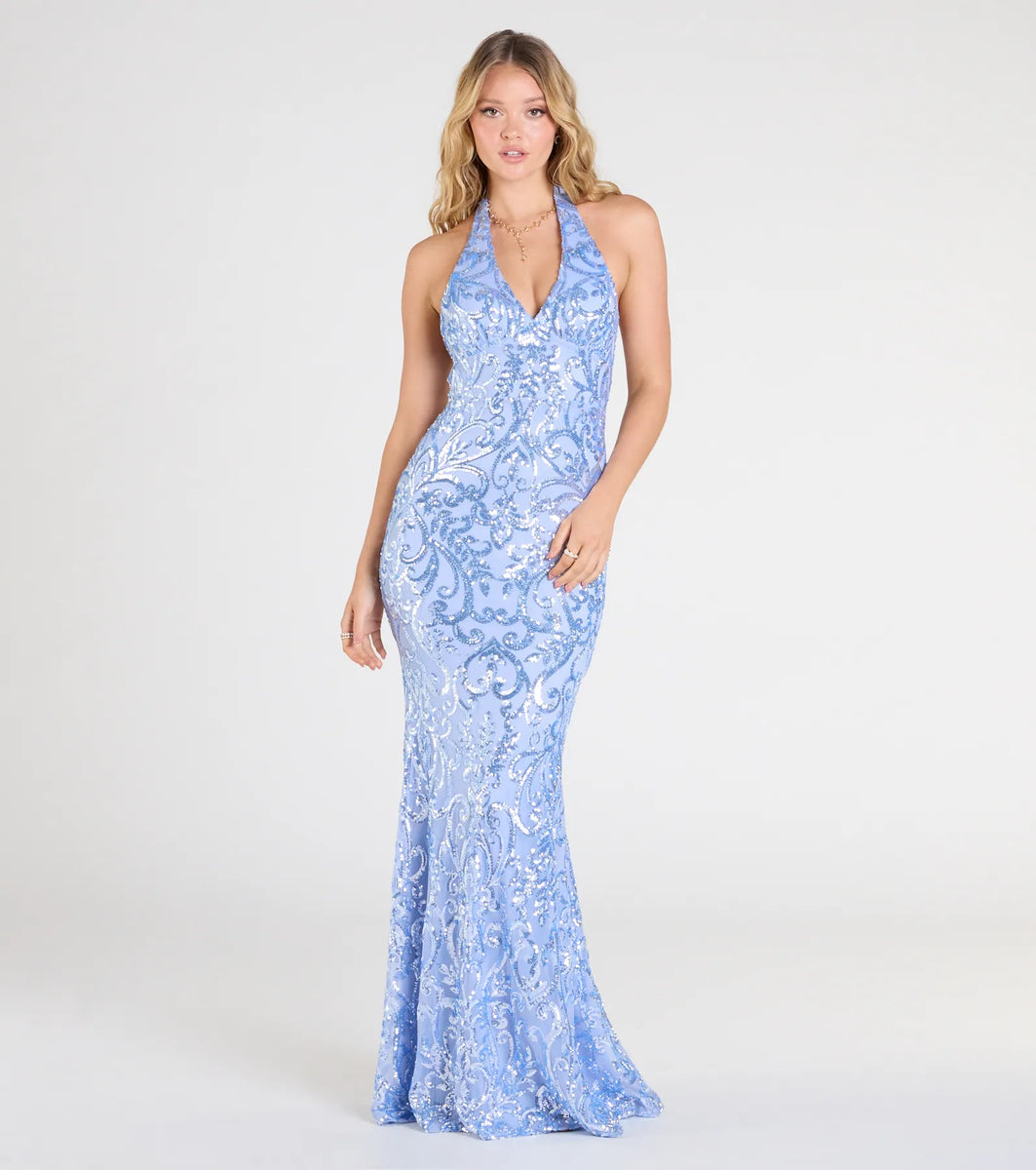 blaire ruffle maxi dress Blaire Halter Open Back Mermaid Sequin Formal Dress