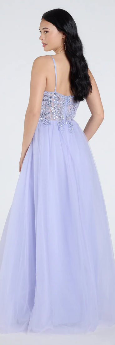 Step into the Prom 2025 dance in the Alia Sequin Applique A-Line Tulle Formal Dress in periwinkle, a stunning blue prom dress designed to complement any theme with its timeless allure and statement-making style.