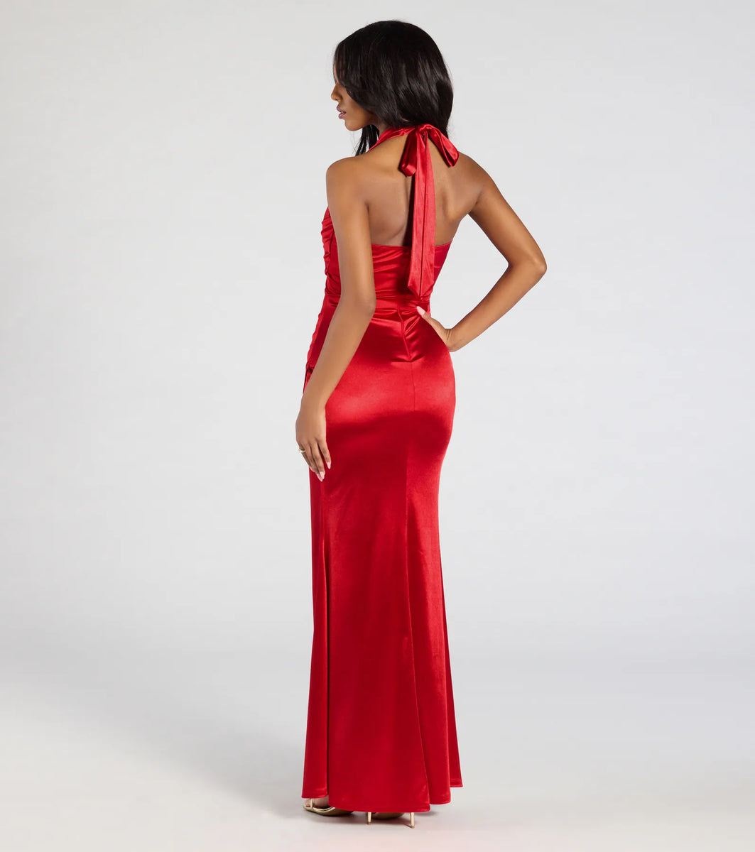 Windsor Joanne Halter Slit Mermaid Satin Formal Dress in Red | Size: S | Knit Fabric/Satin Fabric Windsor Joanne Halter Slit Mermaid Satin Formal Dress in Red | Size: S | Knit Fabric/Satin Fabric