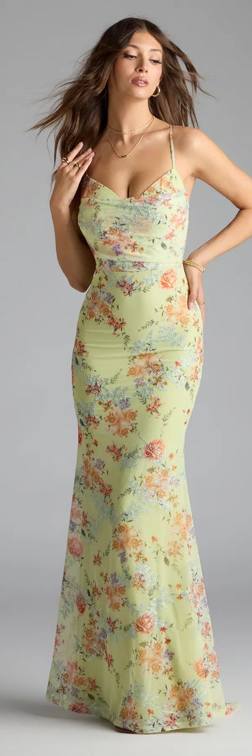 The Rosalee Lace-Up Floral Mesh Formal Dress is your new go-to sage green dress—effortless, versatile, and made to update your fall style in seconds.