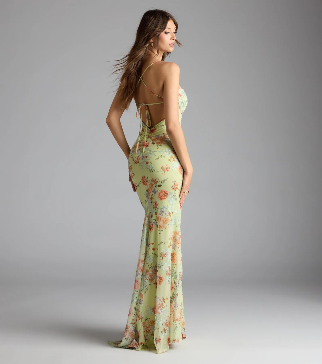 Rosalee Lace-Up Floral Mesh Formal Dress | Windsor