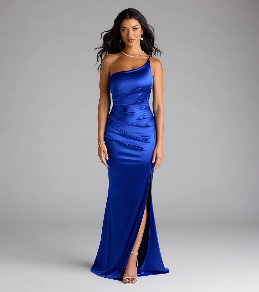 Contessa One-Shoulder Slit Satin Formal Dress | Windsor Contessa One-Shoulder Slit Satin Formal Dress | Windsor