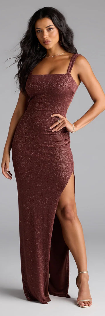Feel instantly put-together in the Brittney Lace-Up Slit Bodycon Glitter Formal Dress in brown, a stylish wedding guest dress designed for confident style and all-out celebration.