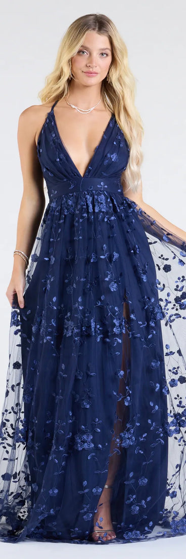 Own the spotlight in the Nina Strappy A-Line Floral Tulle Formal Dress, a navy blue formal dress crafted to deliver luxe style for autumn weddings, Military Balls, or any special event.