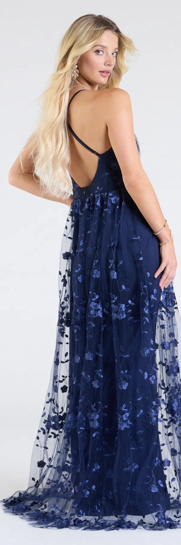 Step into the Prom 2025 dance in the Nina Strappy A-Line Floral Tulle Formal Dress in navy, a stunning blue prom dress designed to complement any theme with its timeless allure and statement-making style.