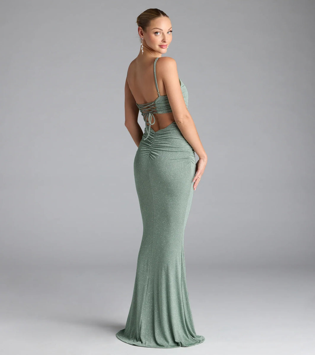 Ayla Lace-Up Slit Mermaid Glitter Formal Dress