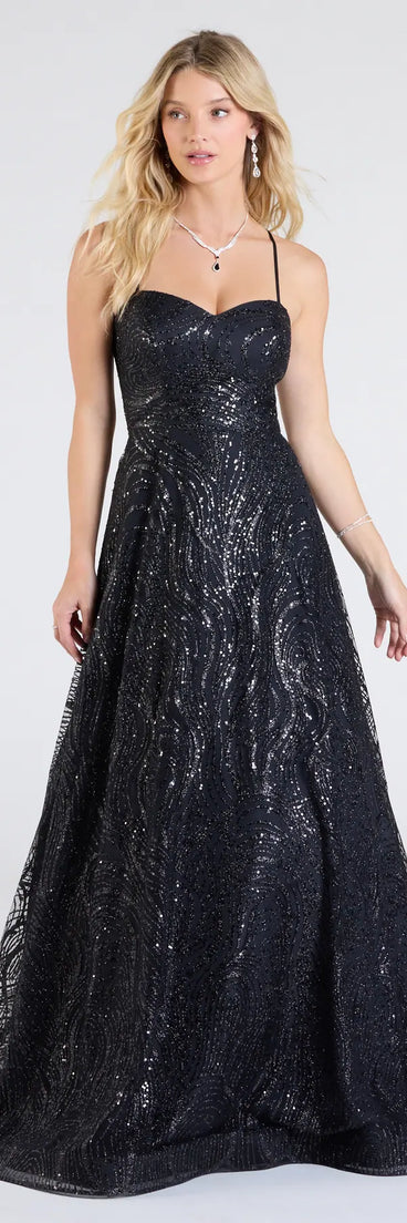 Own the spotlight in the Klaire Lace-Up A-Line Glitter Sequin Formal Dress, a black formal dress crafted to deliver luxe style for summer weddings, Army Balls, or any special event.
