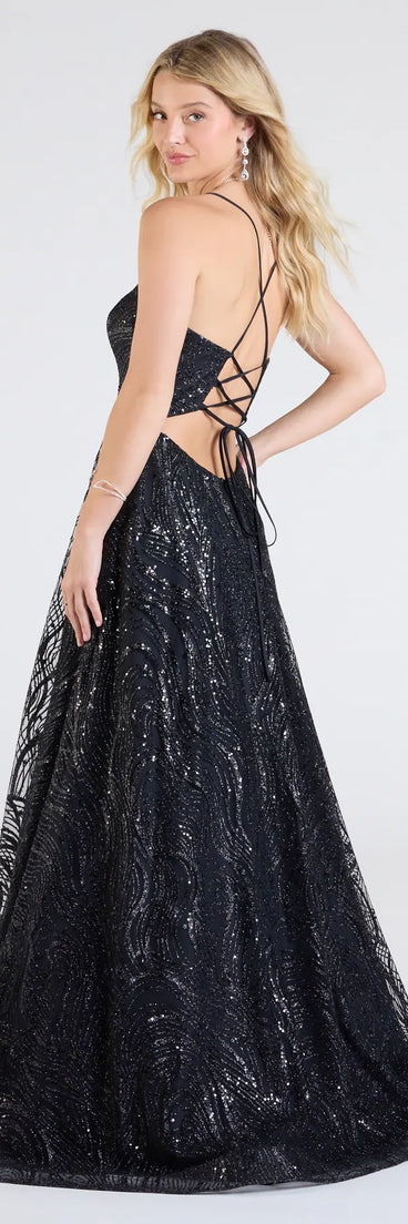 The Klaire Lace-Up A-Line Glitter Sequin Formal Dress is a show-stopping black prom dress, offering a sleek, slimming silhouette that enhances your natural beauty for an unforgettable night.
