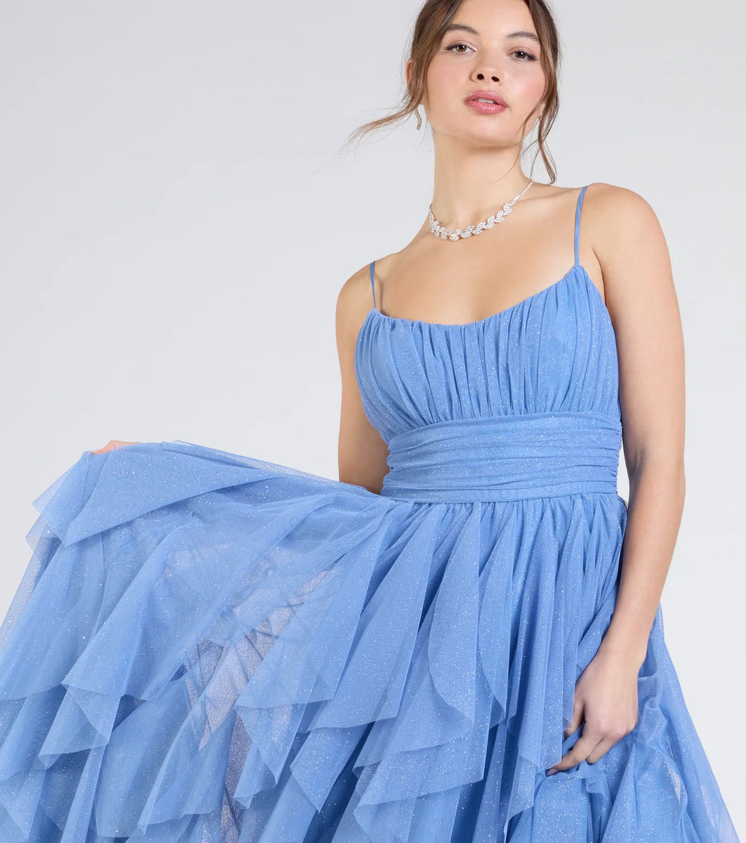 Katrina Ruffled Slit A-Line Glitter Mesh Formal Dress | Windsor Katrina Ruffled Slit A-Line Glitter Mesh Formal Dress | Windsor