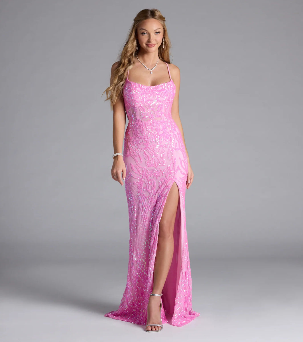 fitted lace wedding dress Lani Lace-Up Slit Mermaid Sequin Formal Dress