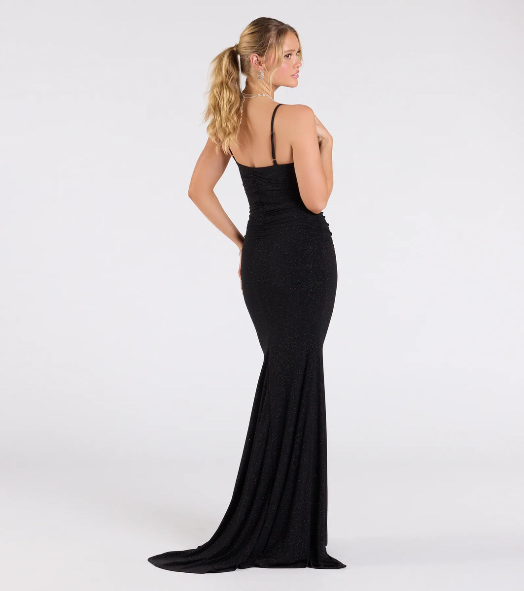 windsor alondra cowl neck metallic glitter formal dress Corrina Mermaid Neckline_Asymmetrical