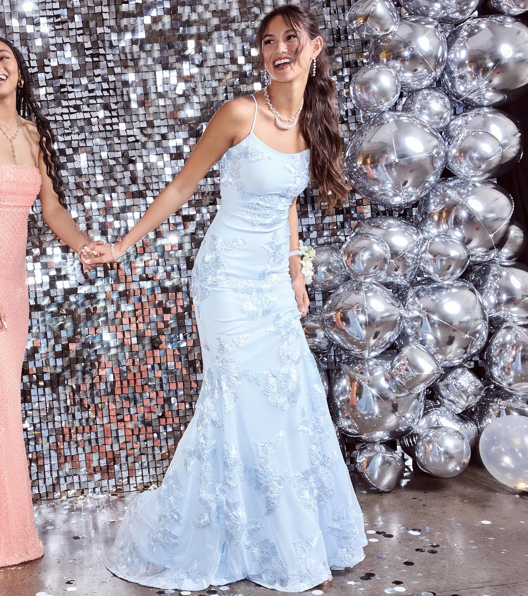 Windsor Gabi Lace-Up Floral Trim Mermaid Formal Dress in Light Blue | Size: XS | Knit Fabric/Mesh Fabric/Mesh Fabric Windsor Gabi Lace-Up Floral Trim Mermaid Formal Dress in Light Blue | Size: XS | Knit Fabric/Mesh Fabric/Mesh Fabric