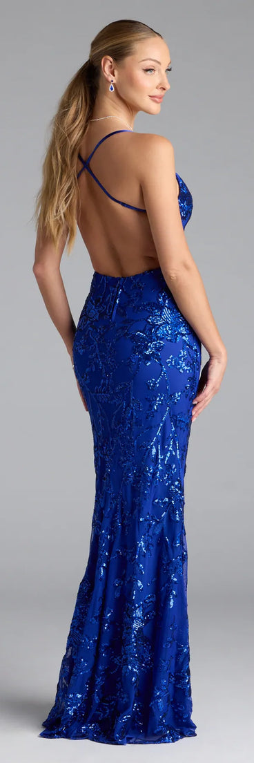 Turn heads at Prom 2025 in this royal blue prom dress, where statement-making details meet the iconic style of the Artemis Open Back Mermaid Sequin Formal Dress.