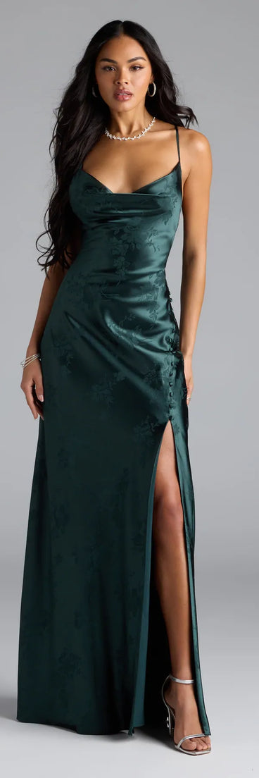 The Gigi Cowl Neck Button Slit Satin Formal Dress is your new go-to hunter green dress—effortless, versatile, and made to update your fall style in seconds.