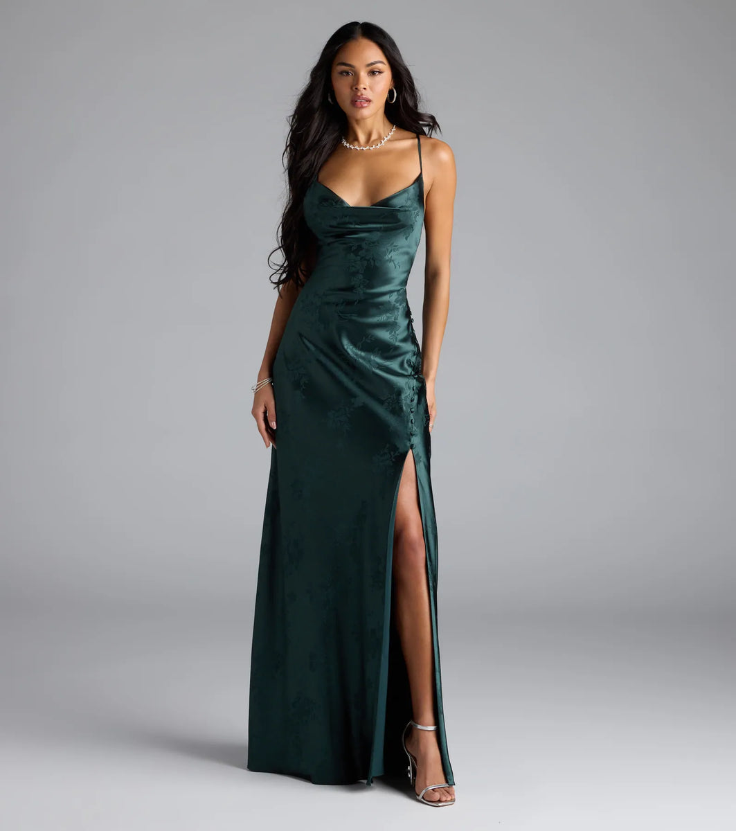 green emerald velvet dress Thea High Slit Satin Maxi Gown – honey