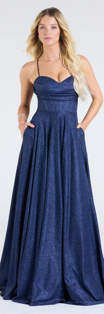 The Hattie Glitter Corset Lace-Up Ball Gown is your new go-to navy blue dress—effortless, versatile, and made to update your fall style in seconds.