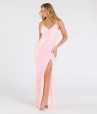 Make a bold statement in the Rosie Lace-Up Slit Mermaid Sequin Formal Dress in pink, the perfect fall dress for weddings, cocktail hours, nights out, and/or seasonal celebrations.