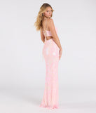 Make a bold statement in the Rosie Lace-Up Slit Mermaid Sequin Formal Dress in pink, the perfect fall dress for weddings, cocktail hours, nights out, and/or seasonal celebrations.