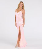 Own the spotlight in the Rosie Lace-Up Slit Mermaid Sequin Formal Dress, a pink formal dress crafted to deliver luxe style for autumn weddings, Military Balls, or any special event.