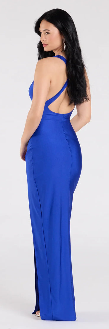 Make a bold statement in the Jenn V-Neck Strappy Back Slit Long Formal Dress in royal blue, the perfect fall dress for weddings, cocktail hours, nights out, and/or seasonal celebrations.