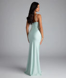Own the spotlight in the Marcie Cowl Neck Slit Mermaid Formal Dress, a mint green formal dress crafted to deliver luxe style for autumn weddings, Military Balls, or any special event.