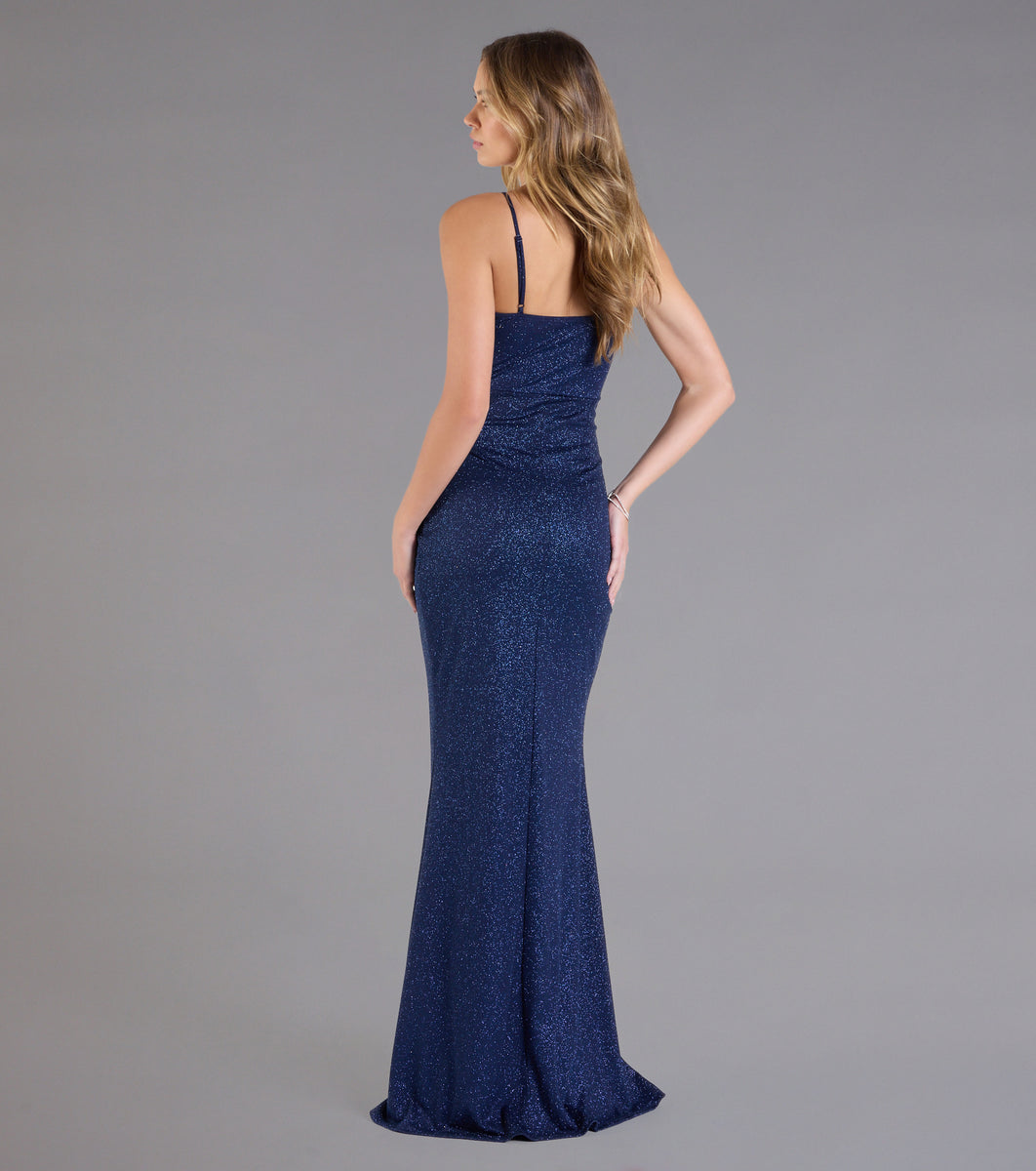 knee length dresses for ladies Johanna Cowl Neck Slit Glitter Formal Dress in Navy Blue | Size: L | Knit Fabric