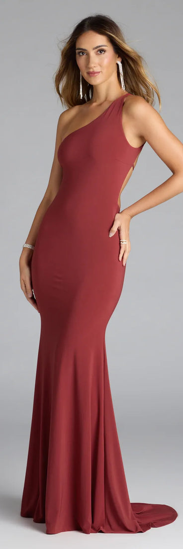 Feel instantly put-together in the Willow One-Shoulder Mermaid Formal Dress in rust, a stylish wedding guest dress designed for confident style and all-out celebration.