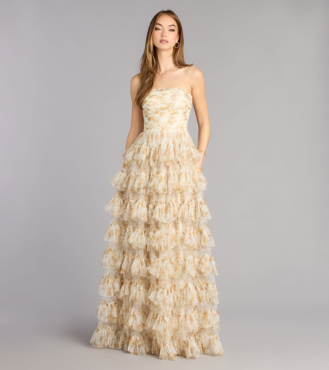 Madisyn Floral Lace-Up Ruffle Ball Gown | Windsor Madisyn Floral Lace-Up Ruffle Ball Gown | Windsor