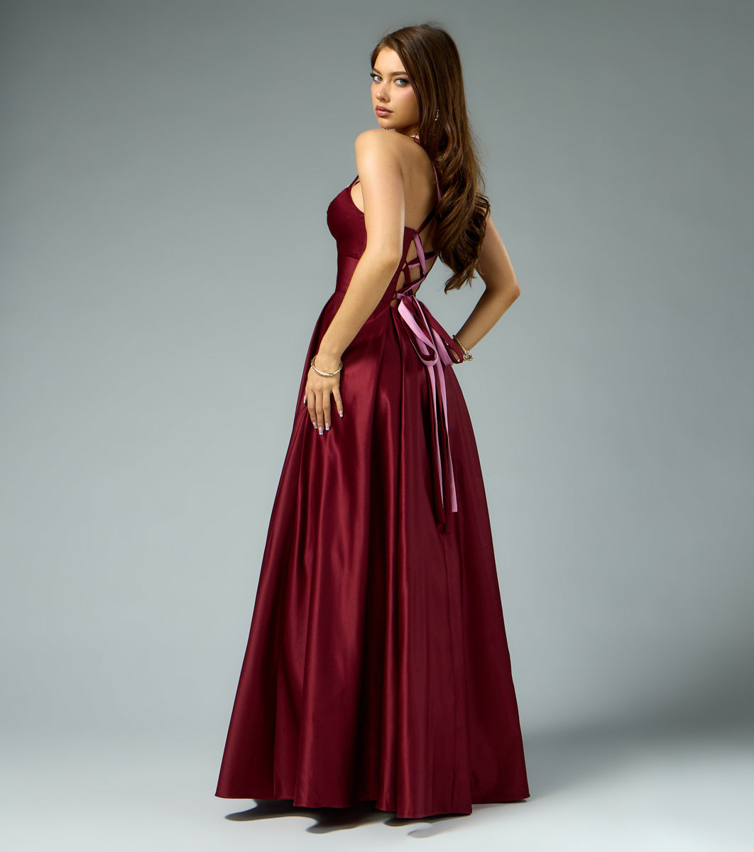 open lace back dress Stacy Satin Contrast Lace-Up Ball Gown